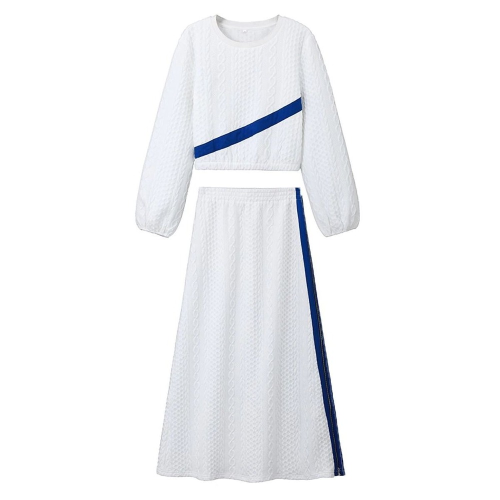 Ador White Cable Knit 2 Piece‎ Maxi Skirt Set Blue Stripe Side Zip Large NWT - Picture 6 of 6